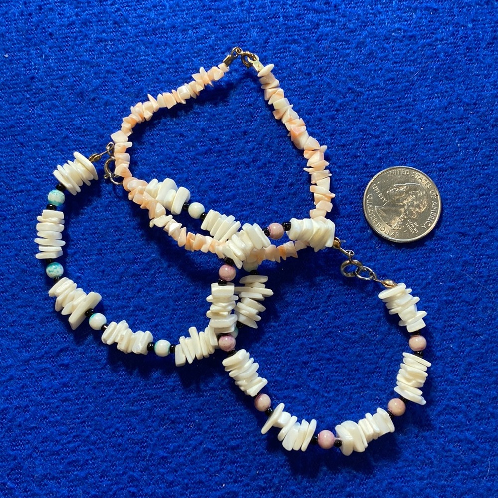 Vintage Puka Shell Bracelets with coral, white, purple, and teal, set of 3